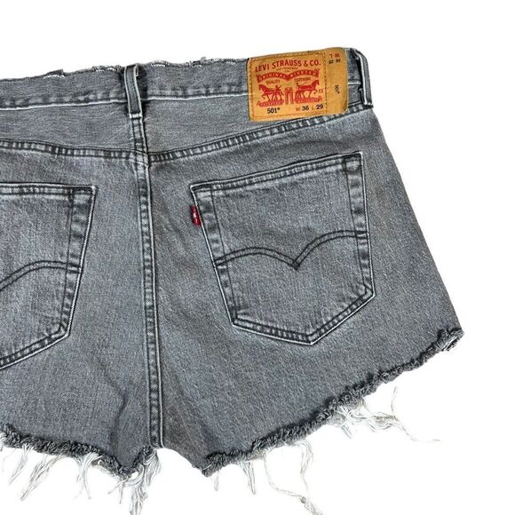 Levi’s 501 Gray Black Wash Heavily Distressed Denim Cut Off Shorts - Picture 6 of 8